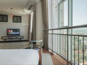 阿鲁沙Sanna Boutique Hotel的一间卧室设有1个带1张床和1台电视的阳台