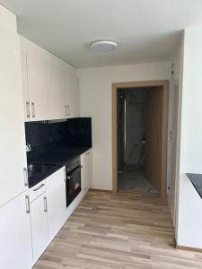 沙夫豪森Wohnung Neubau in Schaffhausen的厨房配有白色橱柜和黑色台面