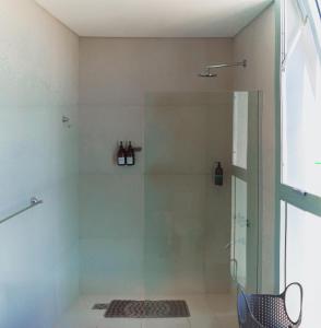波萨达斯Departamento chic Costanera Posadas的带淋浴的浴室和玻璃门