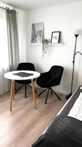 莱茵河畔凯尔LouVi的客厅配有桌子和两把椅子