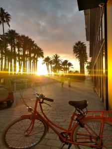 戛纳à 50 m des plages, proche à pied du Vieux Port & Palais des Festivals, superbe 3 pieces moderne 85m2, !的一辆橘子自行车停在种有棕榈树的路边
