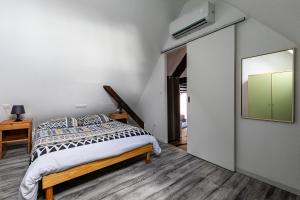 QuatzenheimLe Chêne - Appt au calme pour 5的一间卧室配有一张床和镜子