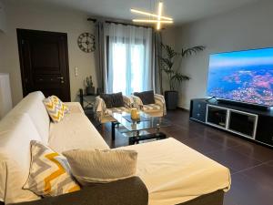 LazarétaInfinity Horizon Syros Apartment的带沙发和大屏幕电视的客厅