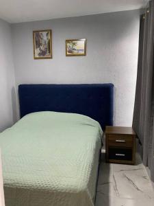 瓜达拉哈拉Casa duplex aeropuerto/arena VFG的一间卧室配有蓝色的床和床头柜