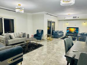 开罗Modern Comfy Flat的客厅配有沙发、椅子和电视
