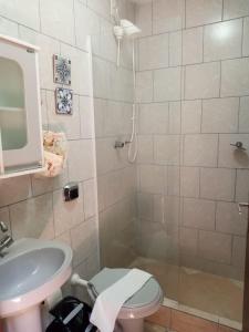弗洛里亚诺波利斯Dell Osky Pousada的带淋浴、水槽和卫生间的浴室