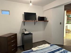 利马Habitacion doble huaca Miraflores的一间卧室配有一张床,墙上配有电视