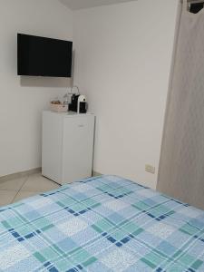 瓦斯托B&B "LE LUCI" SUPER CAMERA IN ATTICO interno 3的一间卧室配有一张床,墙上配有电视