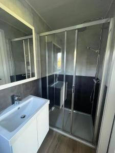 HamoisAu p'tit pré des salers的带淋浴和盥洗盆的浴室