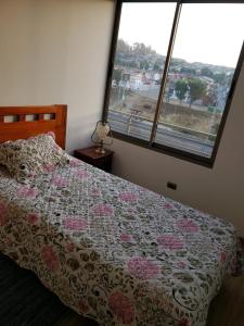 维纳德马Hermoso y cómodo departamento en Viña del Mar的一间卧室设有一张床和一个大窗户