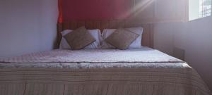 马尼萨莱斯LA MANSION的卧室内的一张带白色床单和枕头的床