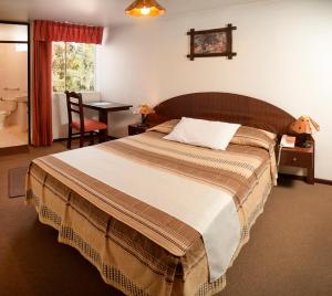 阿雷基帕贝纳维德斯酒店的一间卧室配有一张大床、一张桌子和一间浴室。