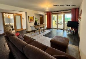 阿威罗Passadiços da Ria的客厅配有棕色沙发和桌子