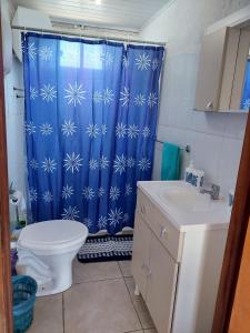 巴拉德尔楚Hermosa cabaña totalmente equipada en barra del Chuy的浴室配有蓝色的浴帘和卫生间