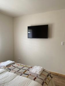 科克拉内Fundo El Coigue - La Cabaña的卧室配有壁挂式平面电视。