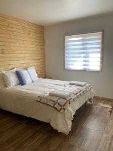 科克拉内Fundo El Coigue - La Cabaña的一间卧室设有一张大床和窗户