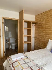 科克拉内Fundo El Coigue - La Cabaña的一间卧室配有一张床,浴室设有卫生间