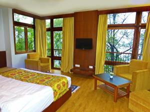 甘托克金翠园酒店的一间卧室设有一张床、一台电视和窗户。