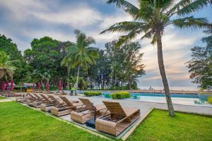 迈考海滩D Varee Mai Khao Beach Resort, Thailand的棕榈树游泳池旁的一排躺椅