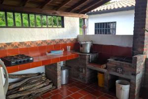 库里蒂Cabaña el Gaque的一个带烧烤架和炉灶的户外厨房