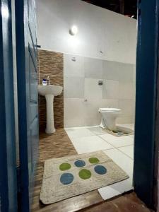 里奥杜福古Casa de frente para o mar, pé na areia!的一间带水槽、卫生间和地毯的浴室