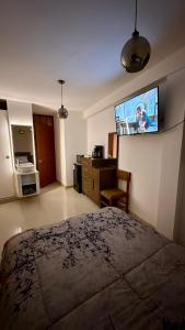 阿亚库乔Castellares La Puebla Habitación y estudio en el centro的卧室配有一张床,墙上配有电视。