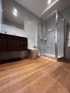 阿鲁卡Arouca Guest House 2的一间带卫生间和玻璃淋浴间的浴室