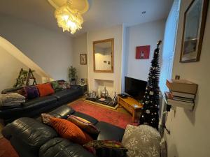 莱斯特Tudor House的带沙发和圣诞树的客厅