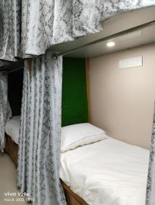 瓦拉纳西Shree Madhvam AC Dormitory的绿色墙壁客房中的两张双层床
