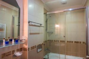 伊斯坦布尔Ramos Boutique Hotel Sultanahmet的带淋浴的浴室和玻璃门