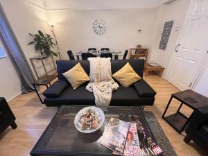 伦敦Glazebrook的客厅配有黑色沙发和桌子