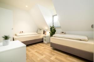 施托尔佩奥夫乌塞多姆Zolima - Apartment - Familie - Paare - E-Bike Ladestation的小型客房铺有木地板,配有两张床。