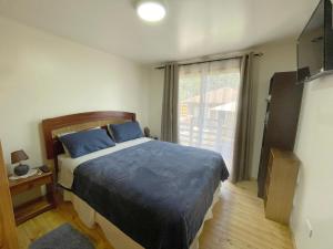 圣何塞德迈波Cabañas del Maipo的一间卧室配有一张带蓝色床单的床和一扇窗户。