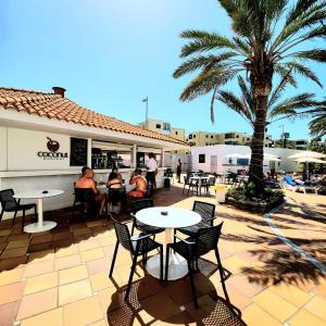圣巴托洛梅Luxury Apartment Playa del Inglés的一间设有桌椅的餐厅,并种植了棕榈树