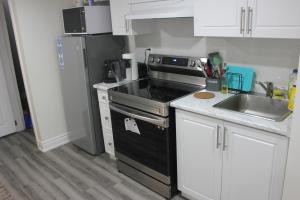 基奇纳Comfy basement near KW airport的厨房配有黑炉灶烤箱,毗邻水槽