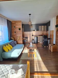 科拉欣穆尔德加公寓的客厅配有蓝色的沙发和桌子