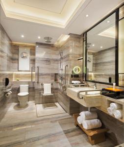 株洲株洲大汉希尔顿酒店的一间带水槽、卫生间和镜子的浴室