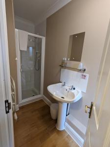 PidleyLakeside Lodge的白色的浴室设有水槽和淋浴。