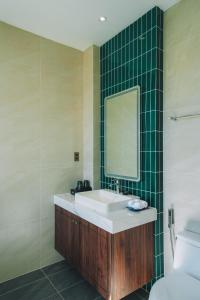 大叻Goldient Boutique Hotel的一间带水槽、镜子和卫生间的浴室