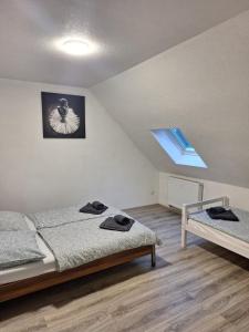 杜伊斯堡Zwei Zimmer Wohnung的一间卧室设有两张床和天窗