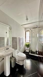 库斯科Allincay Cusco Apart Hotel的白色的浴室设有卫生间和水槽。