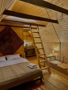 卡兹贝吉Kazbegi Kuro Cottages的一间卧室配有一张双层床和梯子