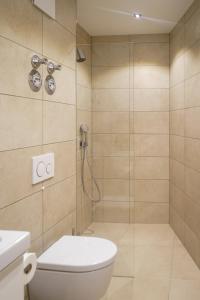 耶拿Appartement House Jena的带淋浴、卫生间和盥洗盆的浴室