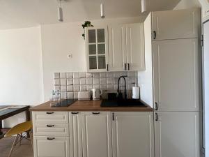 莫罗德哈布雷Blue Ocean Morro Jable的厨房配有白色橱柜、水槽和冰箱。