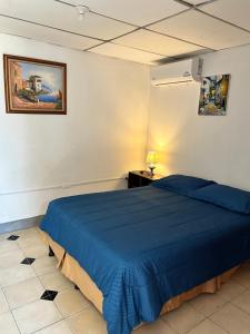 莱昂El Callejon Guest House的一间位于客房内的蓝色床卧室