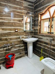 斯利那加HOTEL MERLIN PALACE的浴室设有木墙、水槽和卫生间。