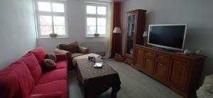 拉德库夫Apartament u podnóża Gór Stołowych的客厅配有红色沙发和电视