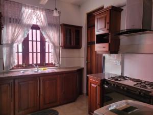 斯里贾亚瓦德纳普拉科特M-stay Colombo的厨房配有炉灶、水槽和窗户。