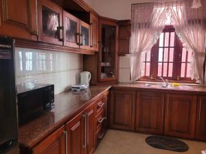 斯里贾亚瓦德纳普拉科特M-stay Colombo的一个带木制橱柜和水槽的厨房