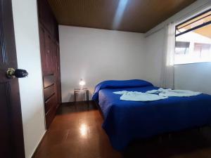 通哈Apartamentos Casa MJ Tunja的一间卧室设有蓝色的床和窗户。